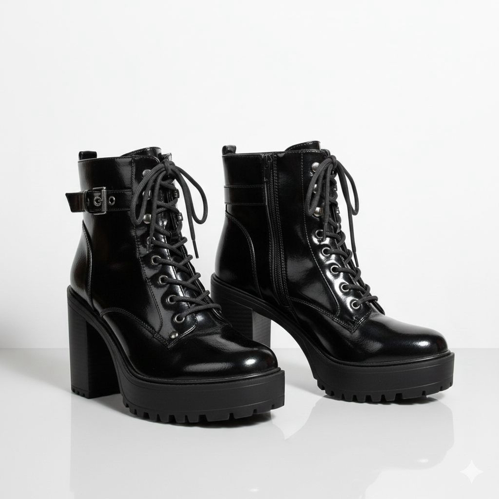 GBG Black Patent Heeled Combat Boots Women's Size 10